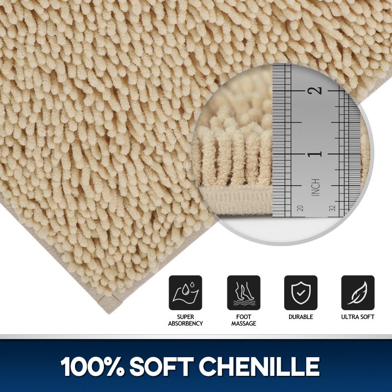 TREETONE Chenille Bath Mat 3 Pieces Bathroom Rugs Set, 20x20 Inches U-Shape Contoured Toilet Mat & 20x32 Inches Rug & Lid Cover,Water Absorbent Plush Rugs for Tub Shower & Bath Room -Beige - Image 3